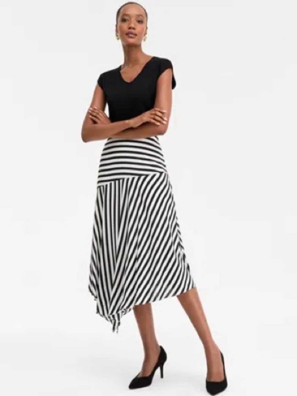 INC International Concepts Black and White Striped Asymmetrical Midi Skirt